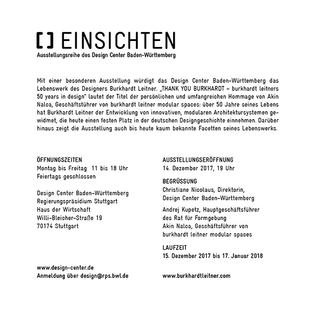 „THANK YOU BURKHARDT, Burkhardt Leitner’s 50 Years in Design“ im Design Center Baden-Württemberg